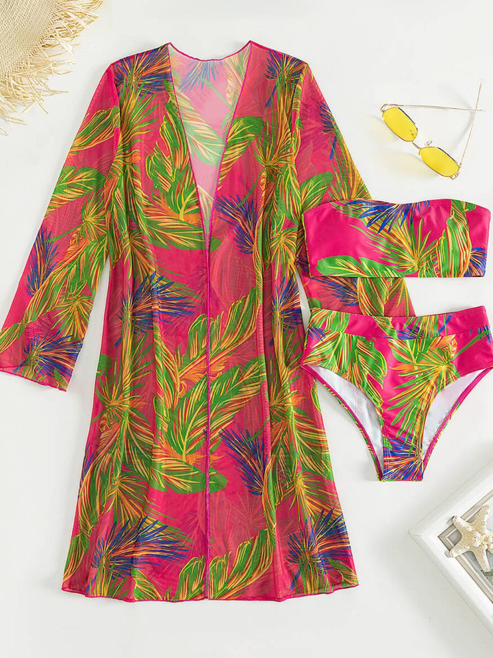 Botanical Print Tube Top, Swim Bottoms, and Cover Up Set - Runway Frenzy