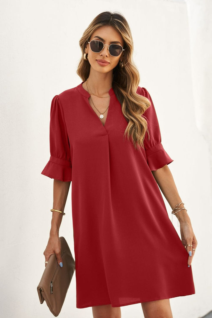 Puff Sleeve Notched Mini Shift Dress - Runway Frenzy 