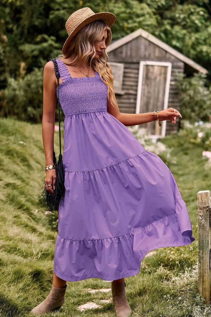 Smocked Square Neck Tiered Dress - Runway Frenzy 