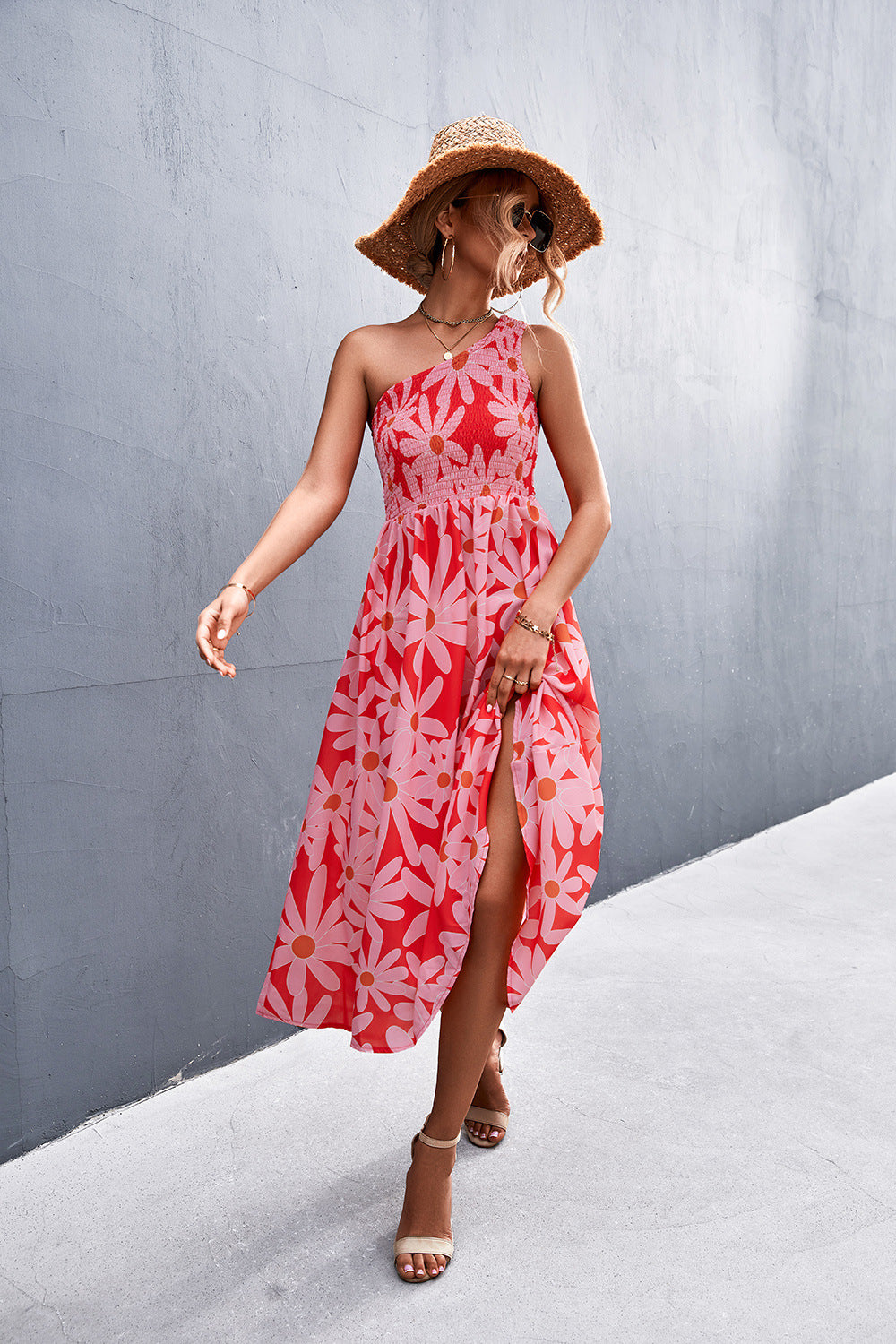 Floral Smocked One-Shoulder Midi Dress - Runway Frenzy