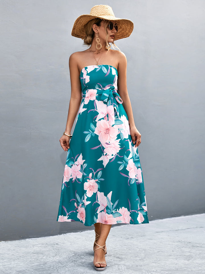 Floral Print Tie Waist Straight Neck Midi Dress - Runway Frenzy