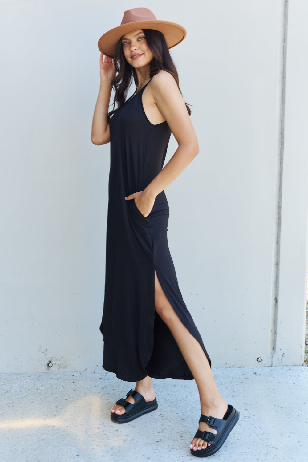 Ninexis Good Energy Full Size Cami Side Slit Maxi Dress in Black - Runway Frenzy 