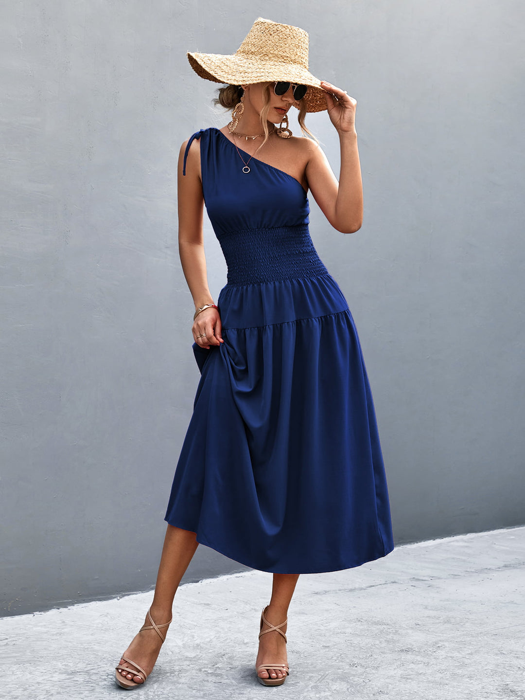 Asymmetrical One Shoulder Smocked Waist Midi Dress - Runway Frenzy