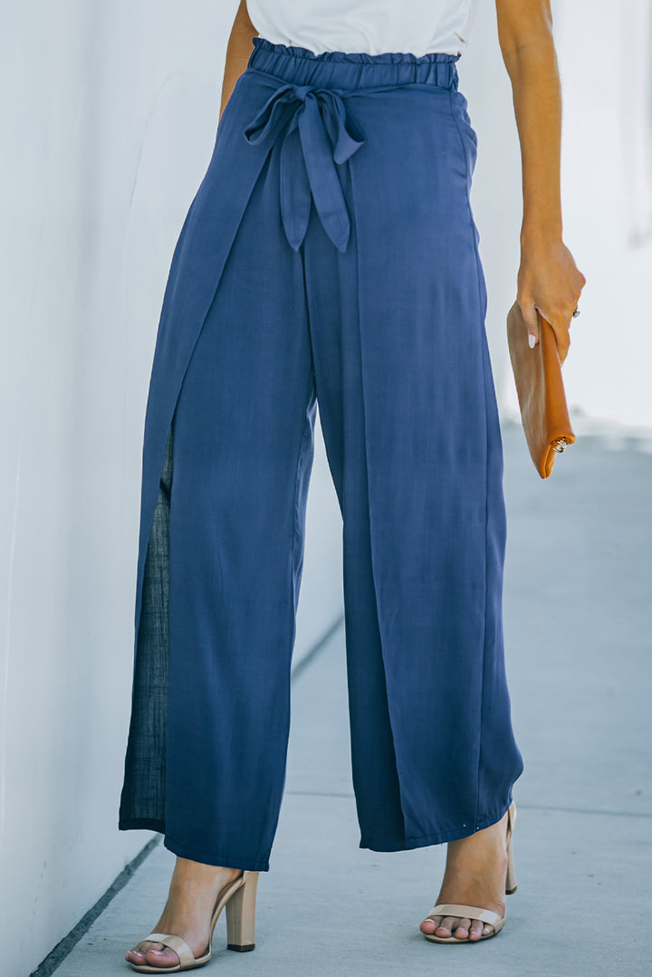 Paperbag Waist Tie Front Wide Leg Pants - Runway Frenzy 