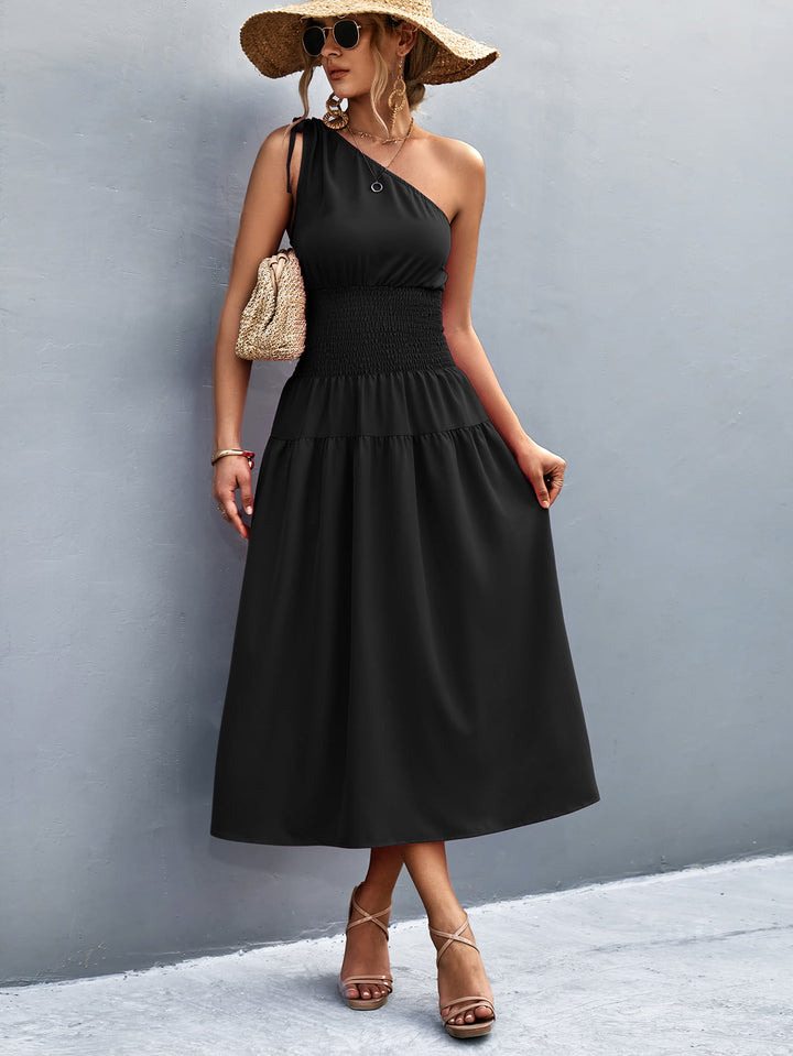 Asymmetrical One Shoulder Smocked Waist Midi Dress - Runway Frenzy