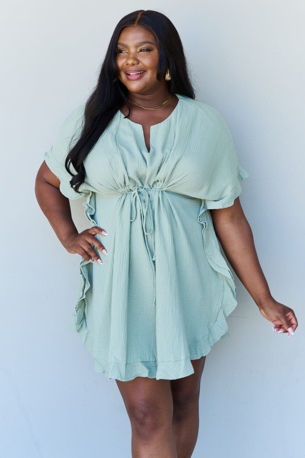 Ninexis Out Of Time Full Size Ruffle Hem Dress with Drawstring Waistband in Light Sage - Runway Frenzy 