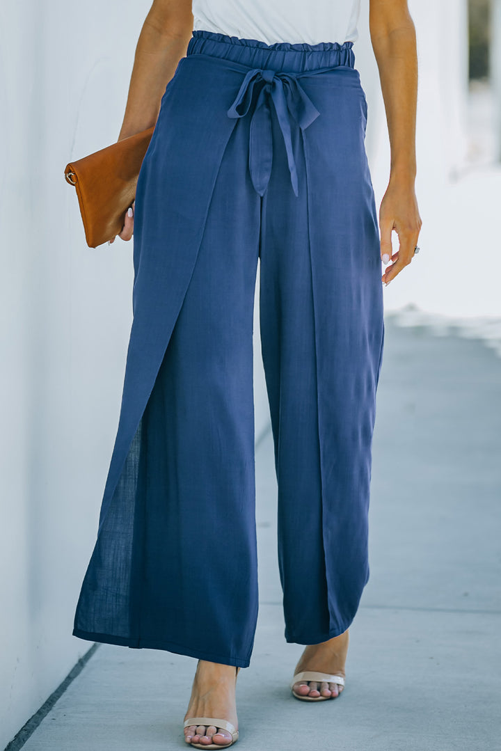 Paperbag Waist Tie Front Wide Leg Pants - Runway Frenzy 