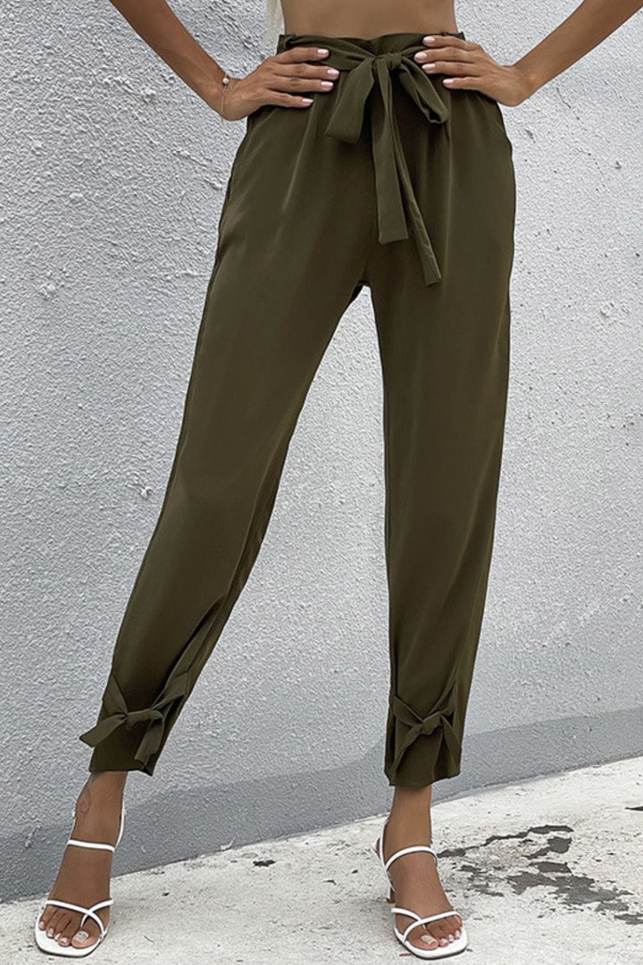 Tie Detail Belted Pants with Pockets - Runway Frenzy 