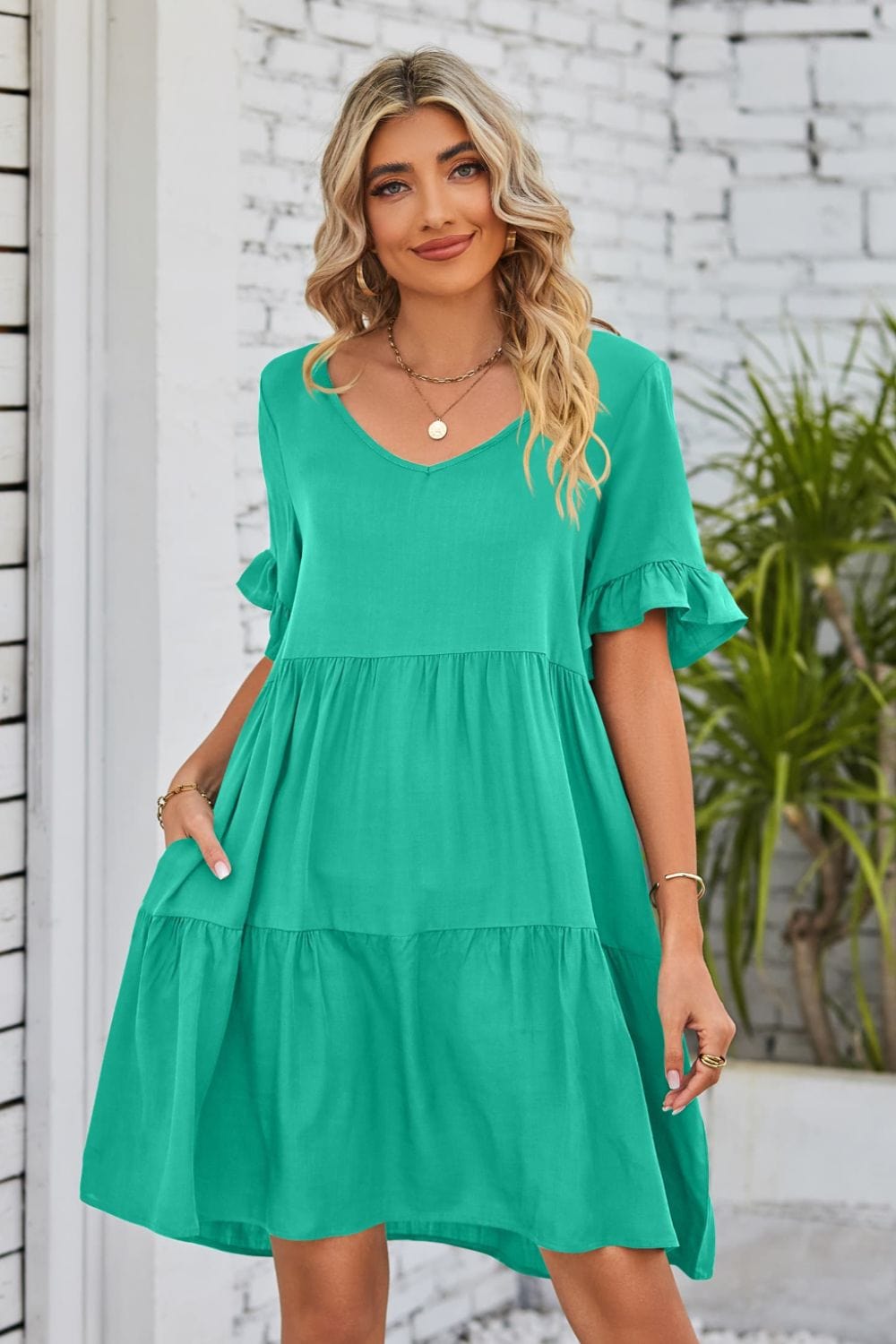 V-Neck Flounce Sleeve Tiered Dress - Runway Frenzy 