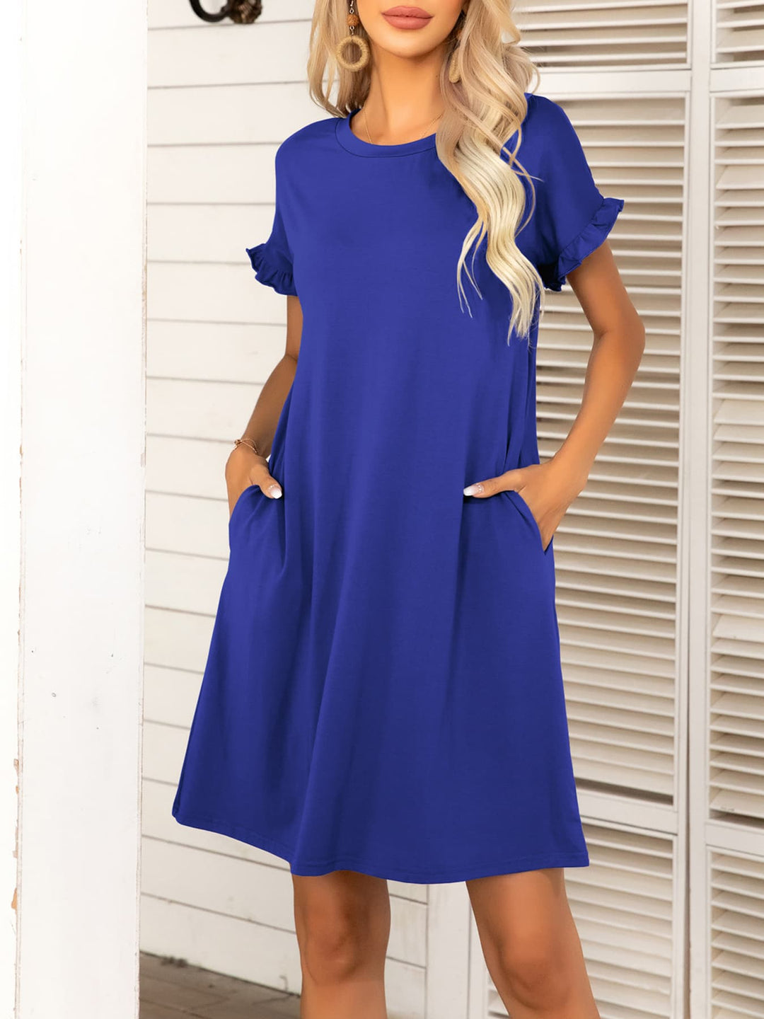 Round Neck Flounce Sleeve Dress with Pockets - Runway Frenzy 