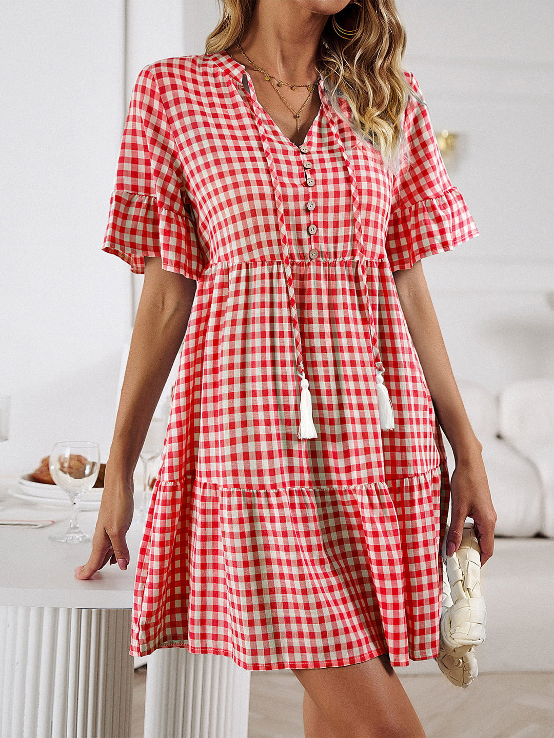 Plaid Flounce Sleeve Buttoned Mini Dress - Runway Frenzy 