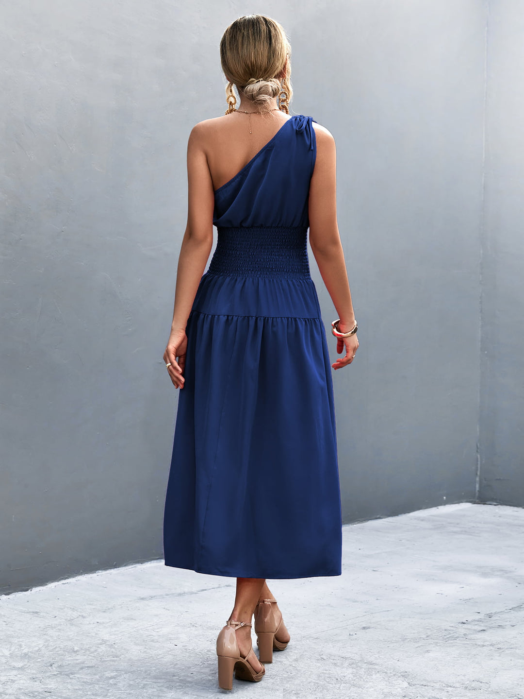 Asymmetrical One Shoulder Smocked Waist Midi Dress - Runway Frenzy