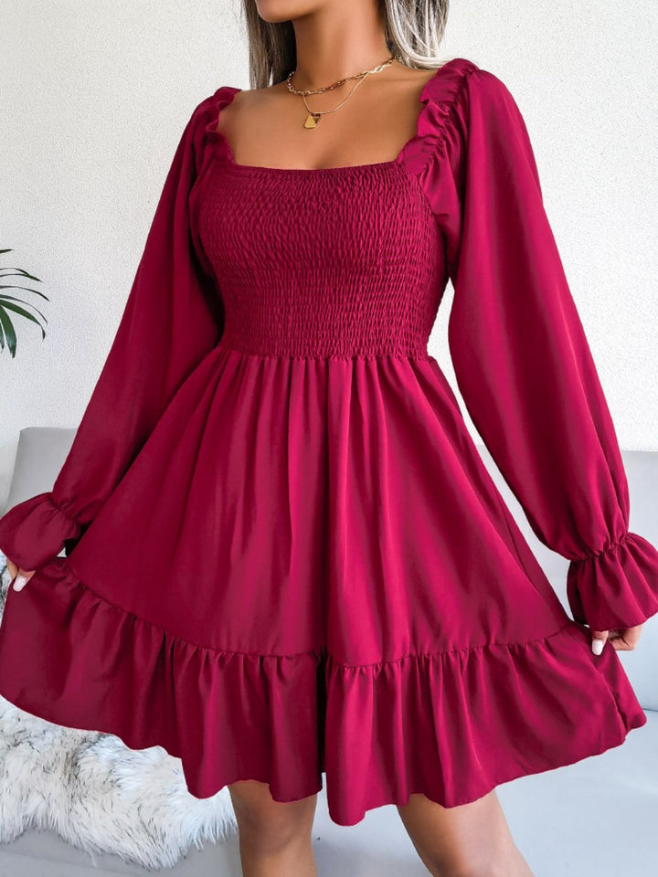 Smocked Flounce Sleeve Square Neck Dress - Runway Frenzy 