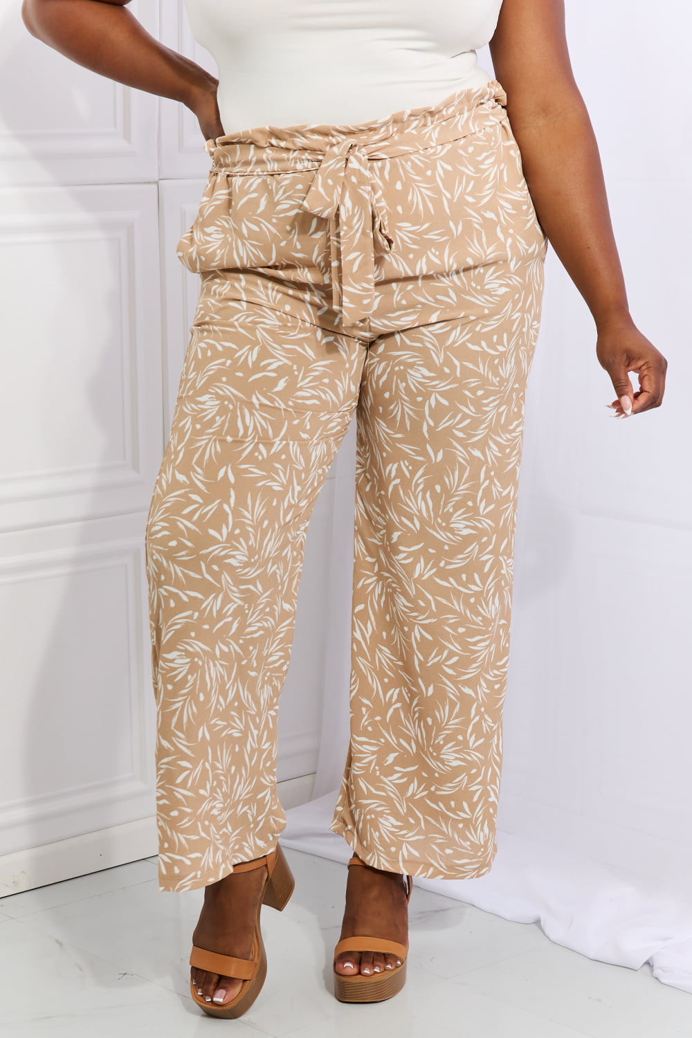 Heimish Right Angle Full Size Geometric Printed Pants in Tan - Runway Frenzy