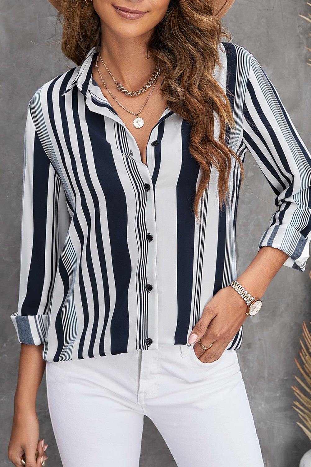 Striped Button-Down Long Sleeve Shirt - Runway Frenzy 
