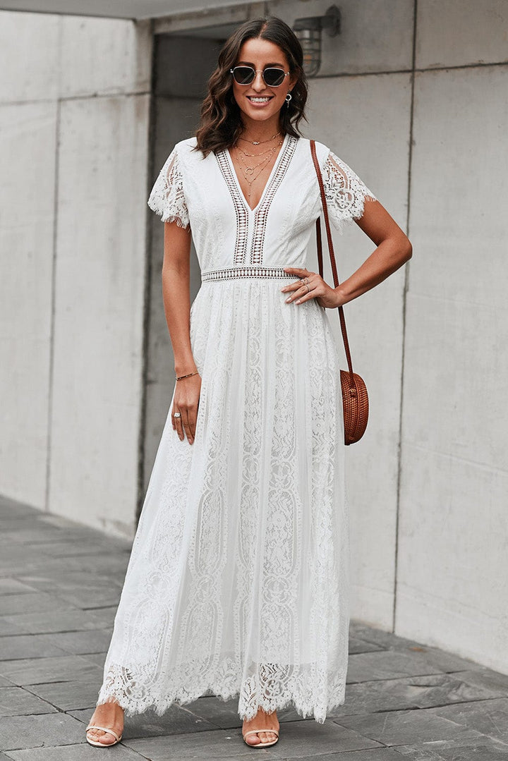 Scalloped Trim Lace Plunge Dress - Runway Frenzy 