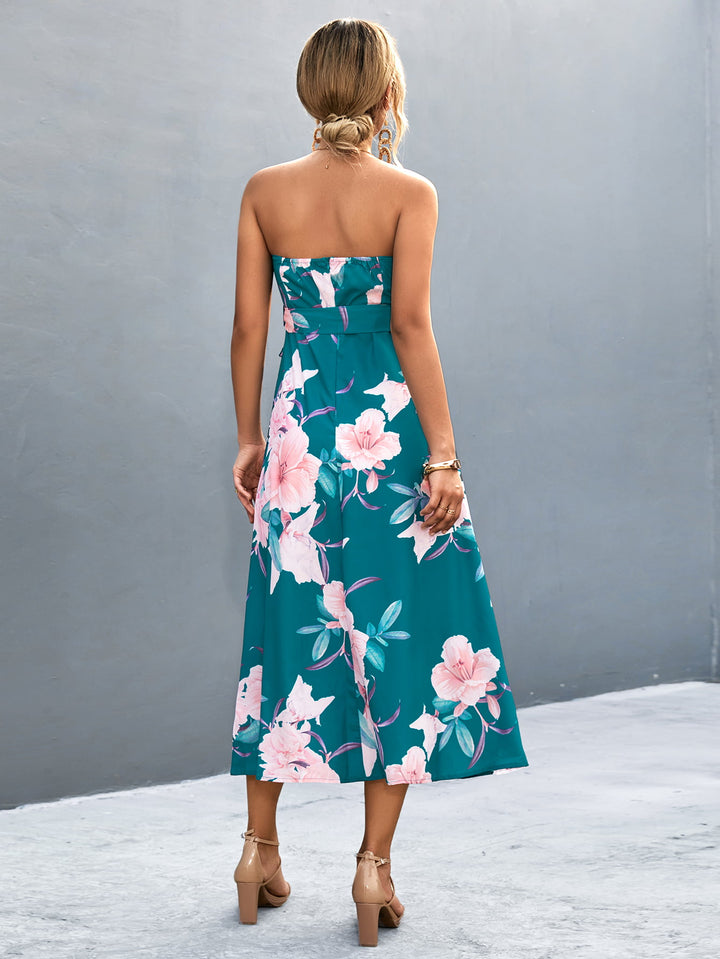 Floral Print Tie Waist Straight Neck Midi Dress - Runway Frenzy