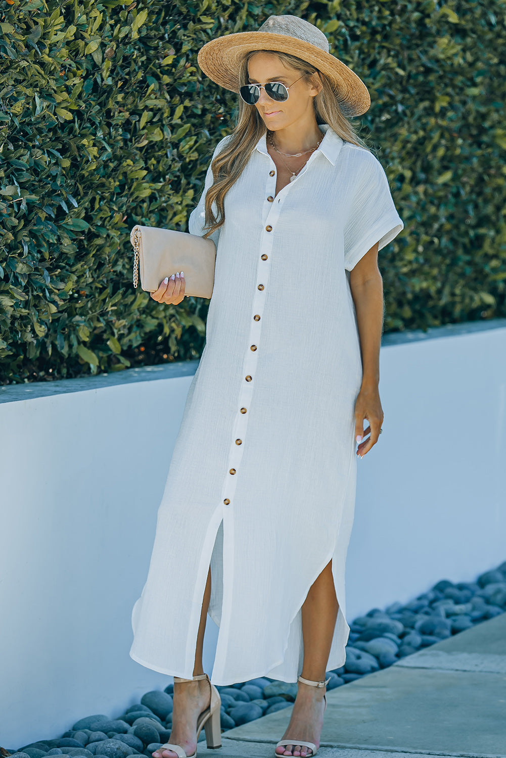 Textured Button Down Slit Shirt Dress - Runway Frenzy