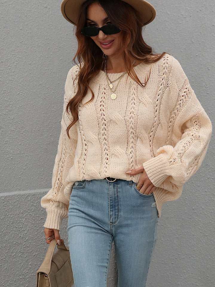 Cable-Knit Openwork Round Neck Sweater - Runway Frenzy