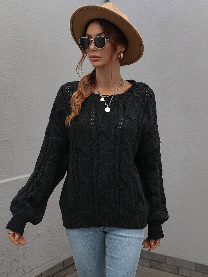 Cable-Knit Openwork Round Neck Sweater - Runway Frenzy