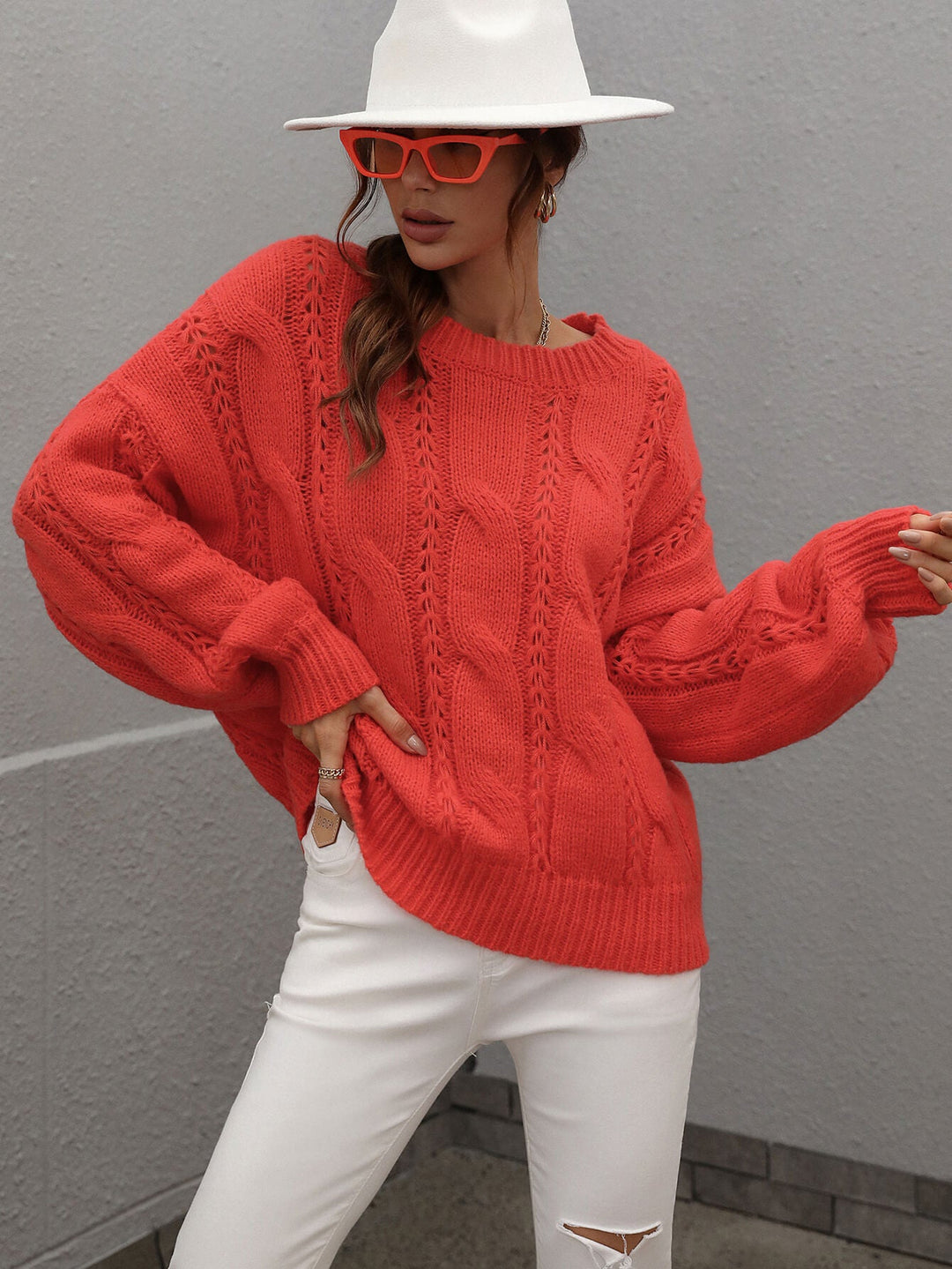 Cable-Knit Openwork Round Neck Sweater - Runway Frenzy