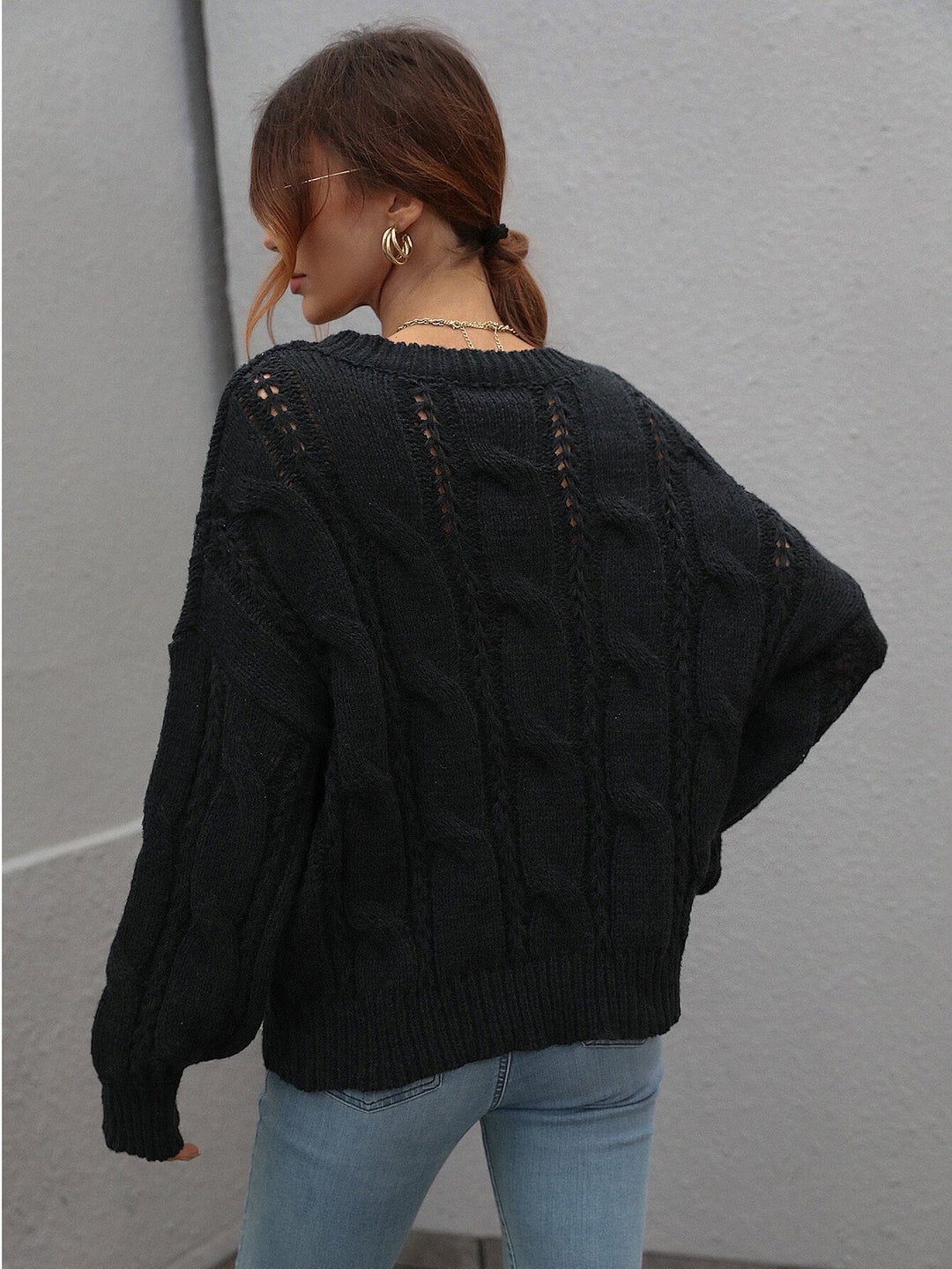 Cable-Knit Openwork Round Neck Sweater - Runway Frenzy