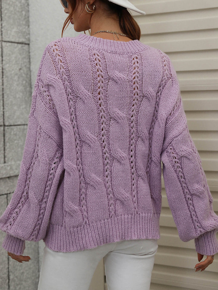 Cable-Knit Openwork Round Neck Sweater - Runway Frenzy