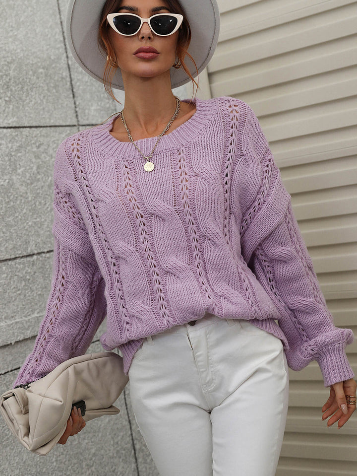 Cable-Knit Openwork Round Neck Sweater - Runway Frenzy