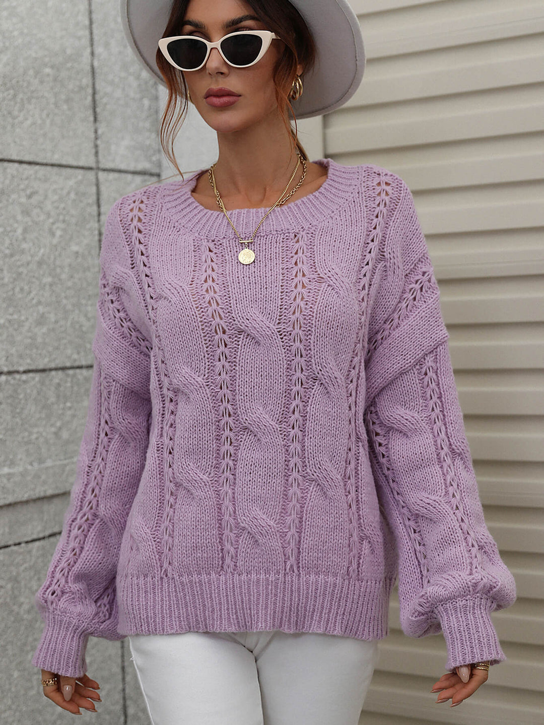 Cable-Knit Openwork Round Neck Sweater - Runway Frenzy