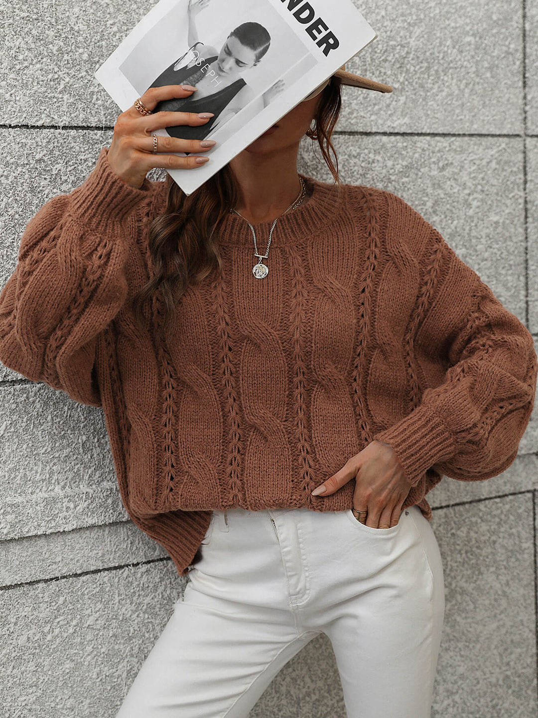 Cable-Knit Openwork Round Neck Sweater - Runway Frenzy