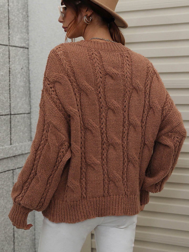 Cable-Knit Openwork Round Neck Sweater - Runway Frenzy