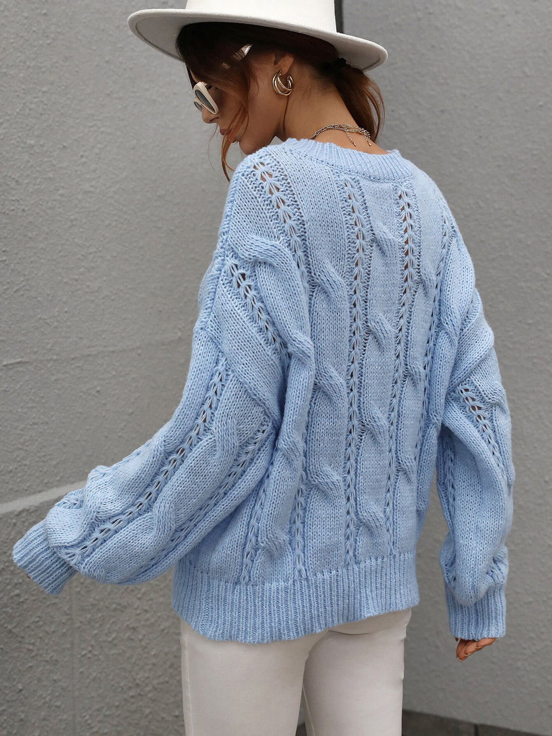 Cable-Knit Openwork Round Neck Sweater - Runway Frenzy