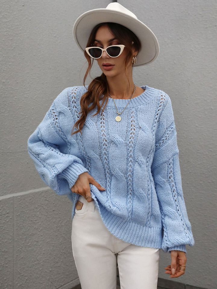 Cable-Knit Openwork Round Neck Sweater - Runway Frenzy