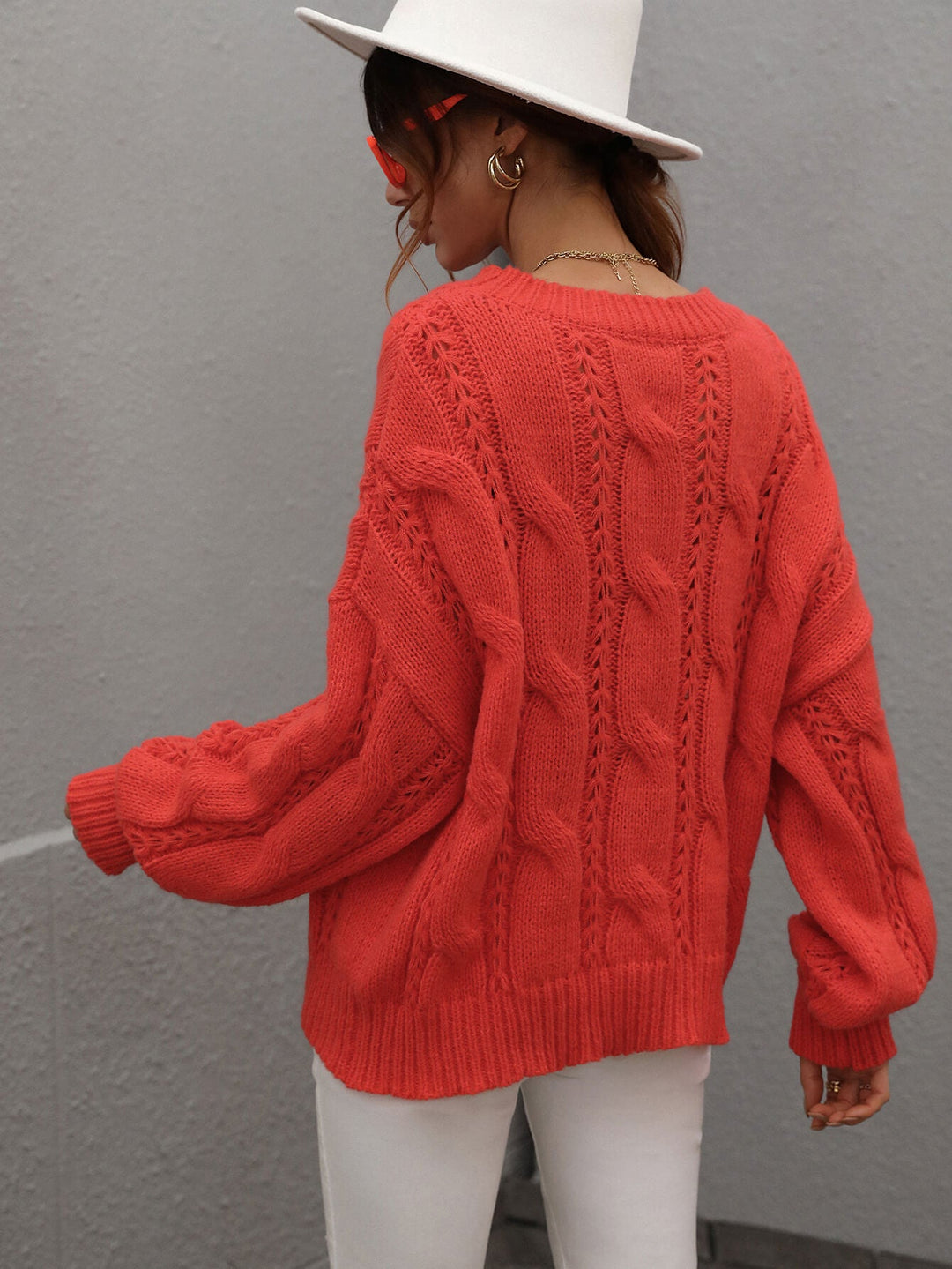 Cable-Knit Openwork Round Neck Sweater - Runway Frenzy