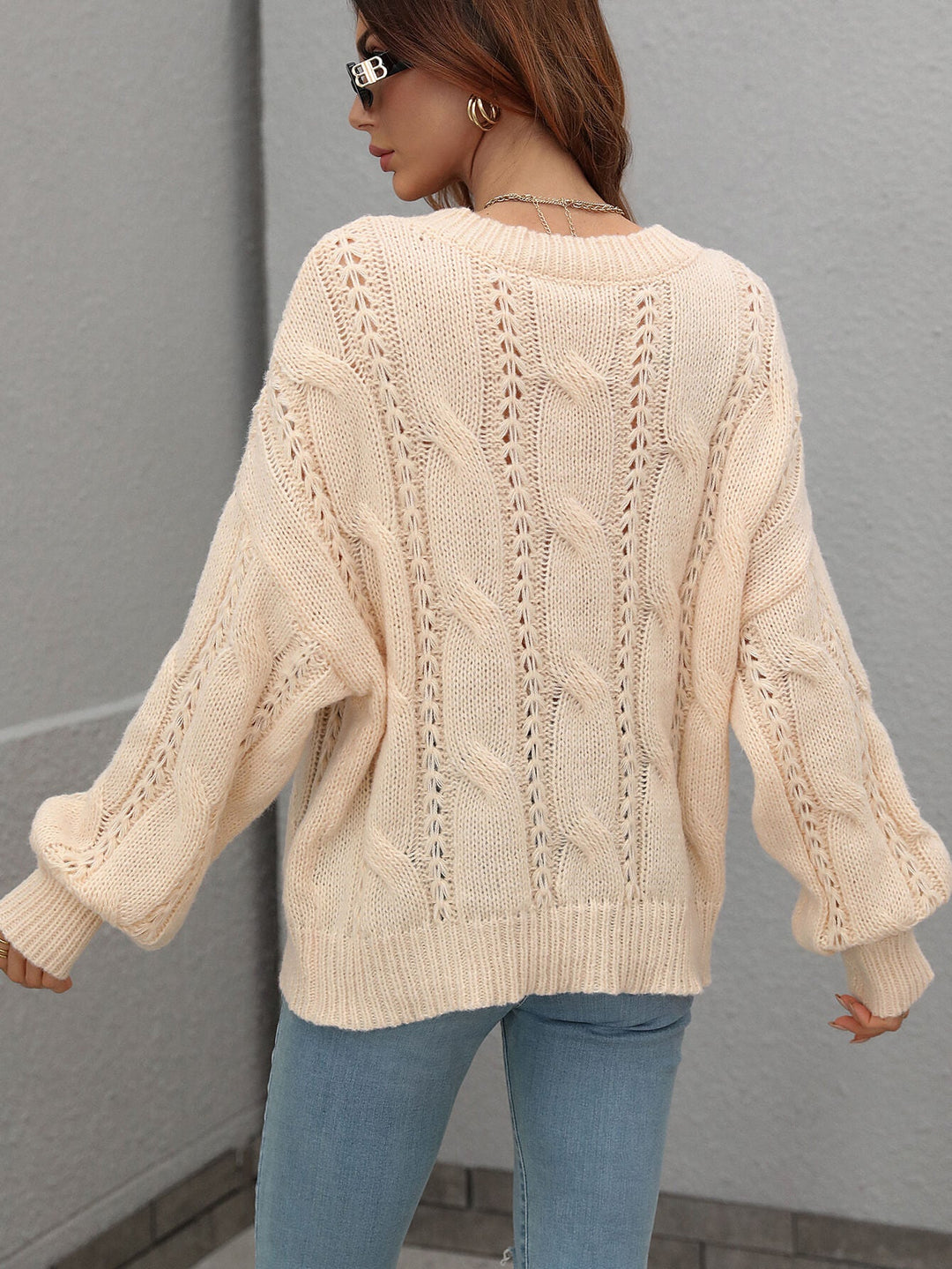 Cable-Knit Openwork Round Neck Sweater - Runway Frenzy