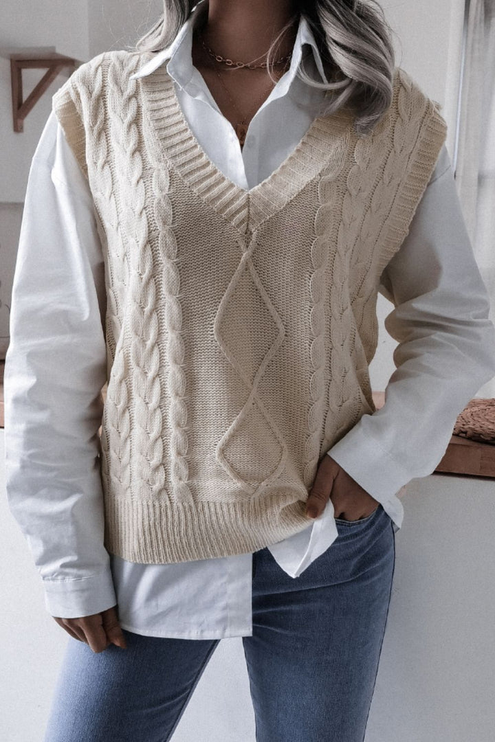 Cable-Knit Ribbed V-Neck Sweater Vest - Runway Frenzy