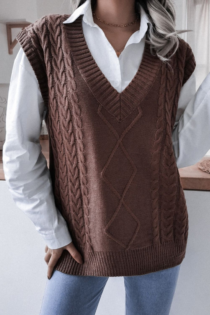 Cable-Knit Ribbed V-Neck Sweater Vest - Runway Frenzy