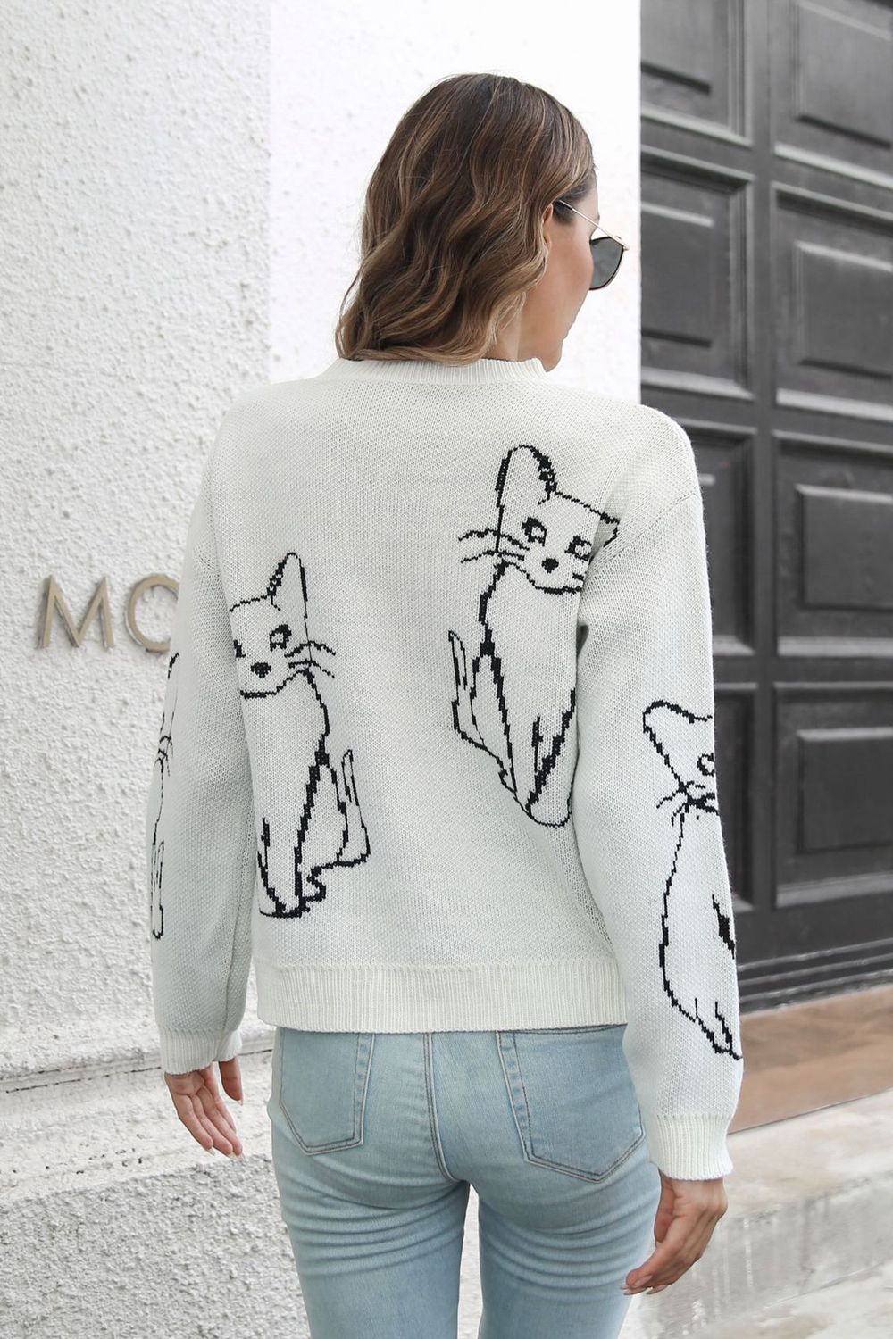 Cat Pattern Round Neck Long Sleeve Pullover Sweater - Runway Frenzy