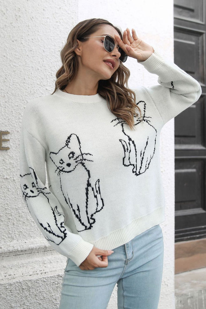 Cat Pattern Round Neck Long Sleeve Pullover Sweater - Runway Frenzy