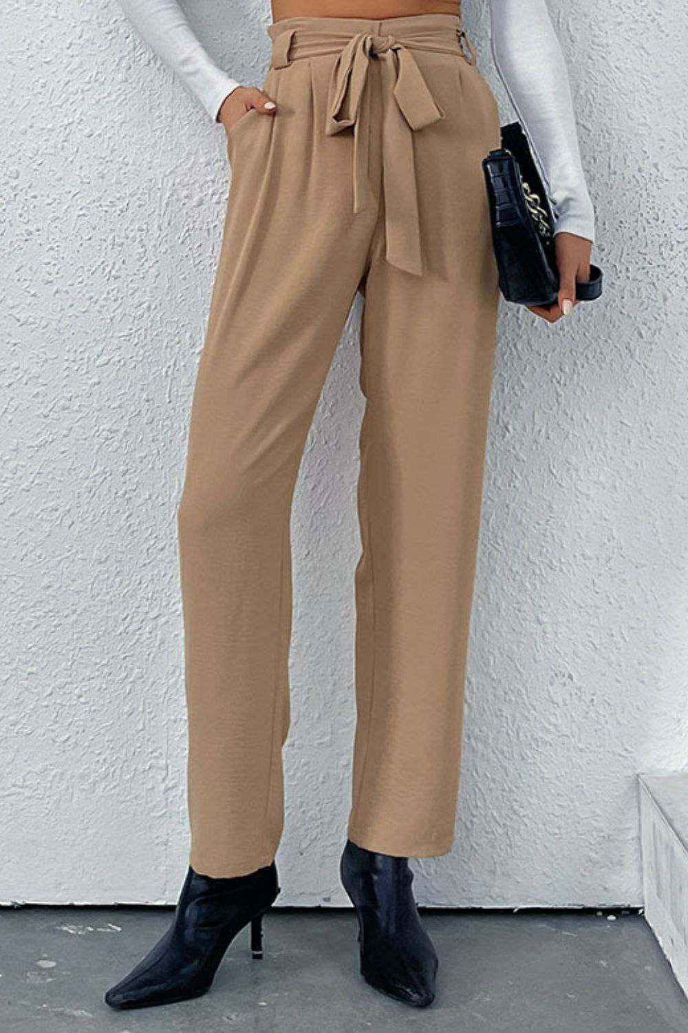 Belted Straight Leg Pants with Pockets - Runway Frenzy