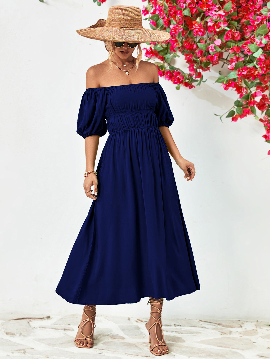 Off-Shoulder Balloon Sleeve Midi Dress - Runway Frenzy 