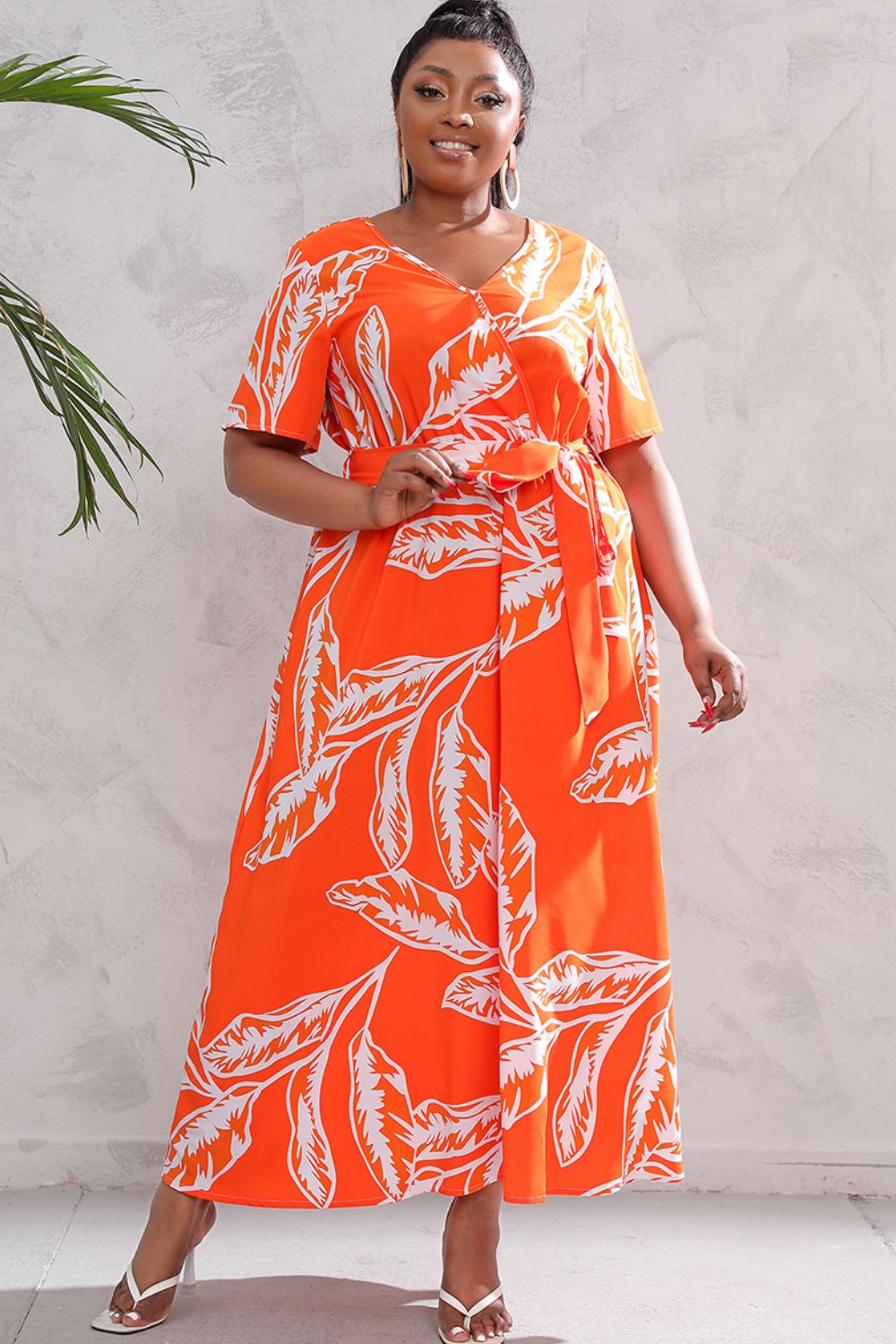 Plus Size Printed Surplice Short Sleeve Maxi Dress - Runway Frenzy 