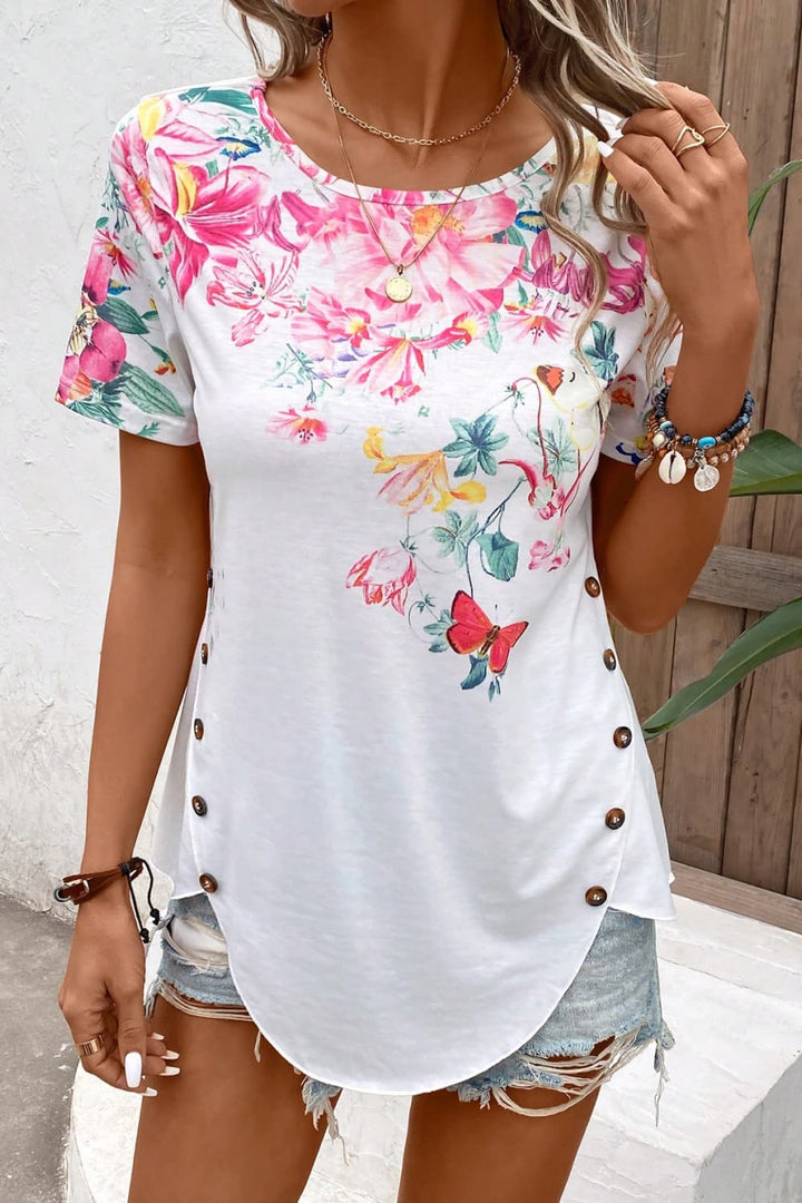 Floral Round Neck Buttoned Hem Detail Top - Runway Frenzy