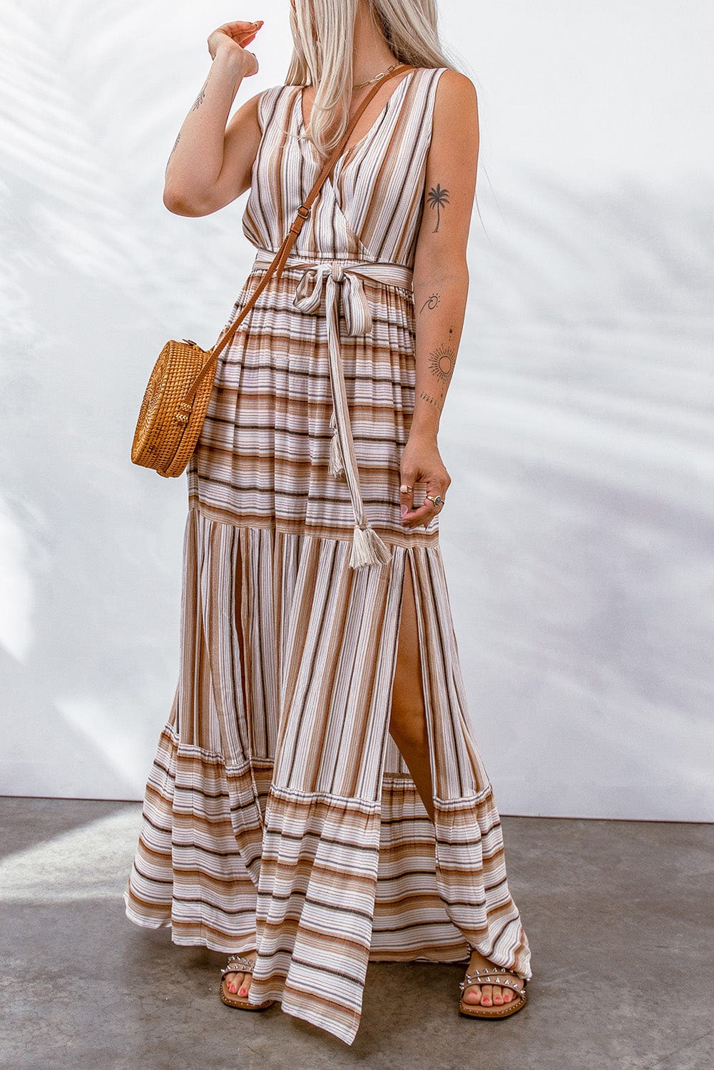 Striped Tie Waist Slit Sleeveless Dress - Runway Frenzy 