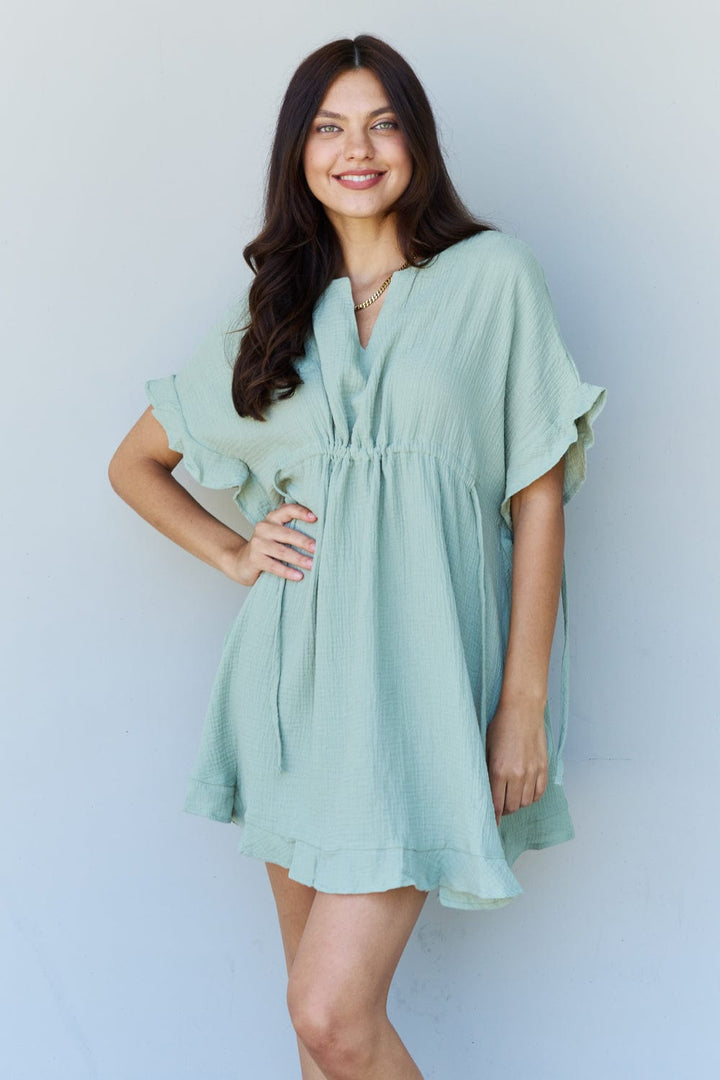 Ninexis Out Of Time Full Size Ruffle Hem Dress with Drawstring Waistband in Light Sage - Runway Frenzy 