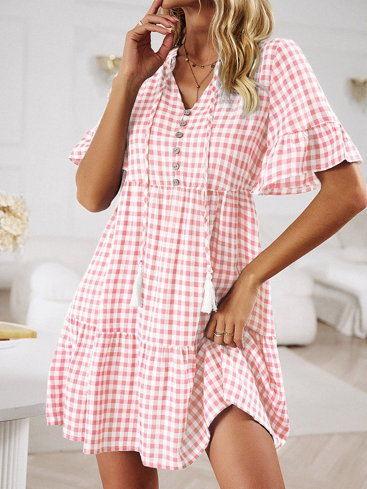 Plaid Flounce Sleeve Buttoned Mini Dress - Runway Frenzy 