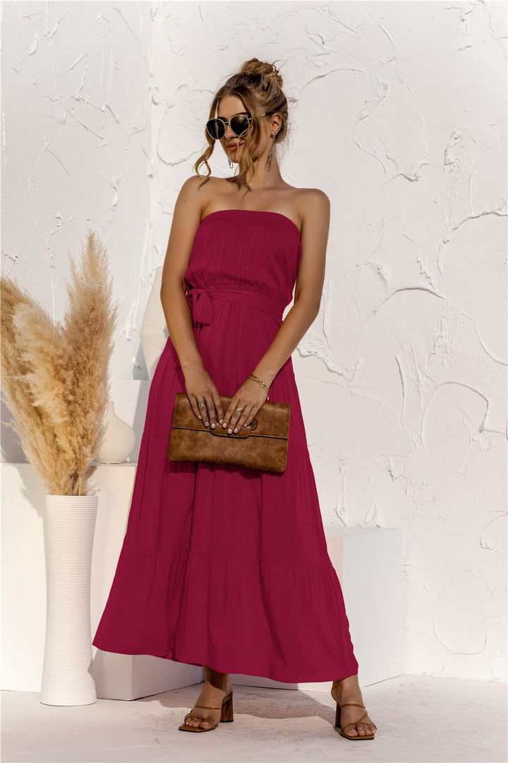 Strapless Tie Waist Tiered Maxi Dress - Runway Frenzy 