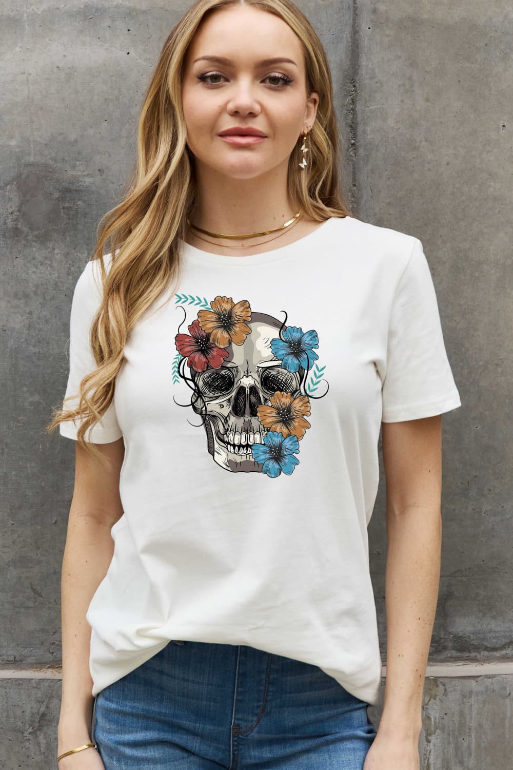 Simply Love Full Size Flower Skull Graphic Cotton Tee - Runway Frenzy 