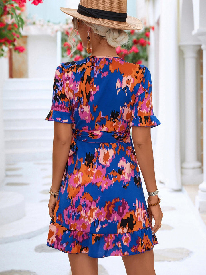 Printed Flounce Sleeve Tied Dress - Runway Frenzy 