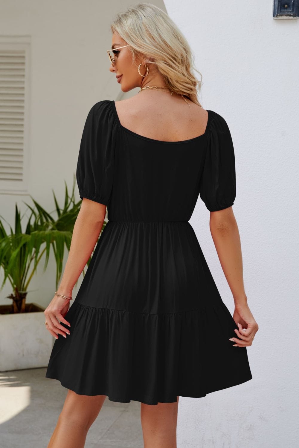 Ruched Square Neck Puff Sleeve Mini Dress - Runway Frenzy 